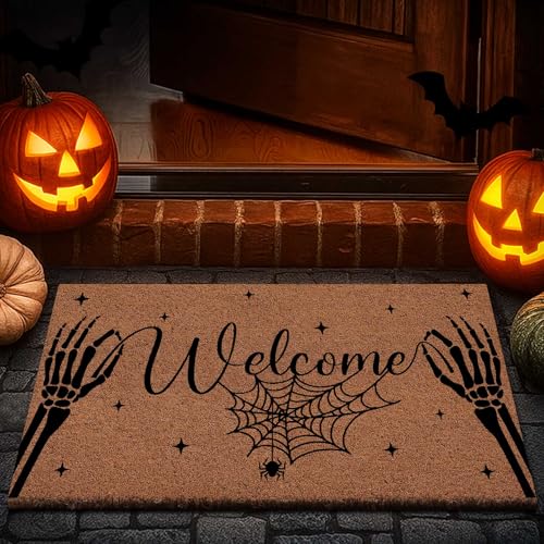 Lanpn Halloween Fußmatte Totenkopf-Hand Kokosmatte, rutschfeste Schmutzfangmatte für Eingang/Terrasse, Lustige Türmatte Innen Außen Bodenmatte Badezimmer Matte Badezimmer Wohnzimmer Dekor (42x75 cm)