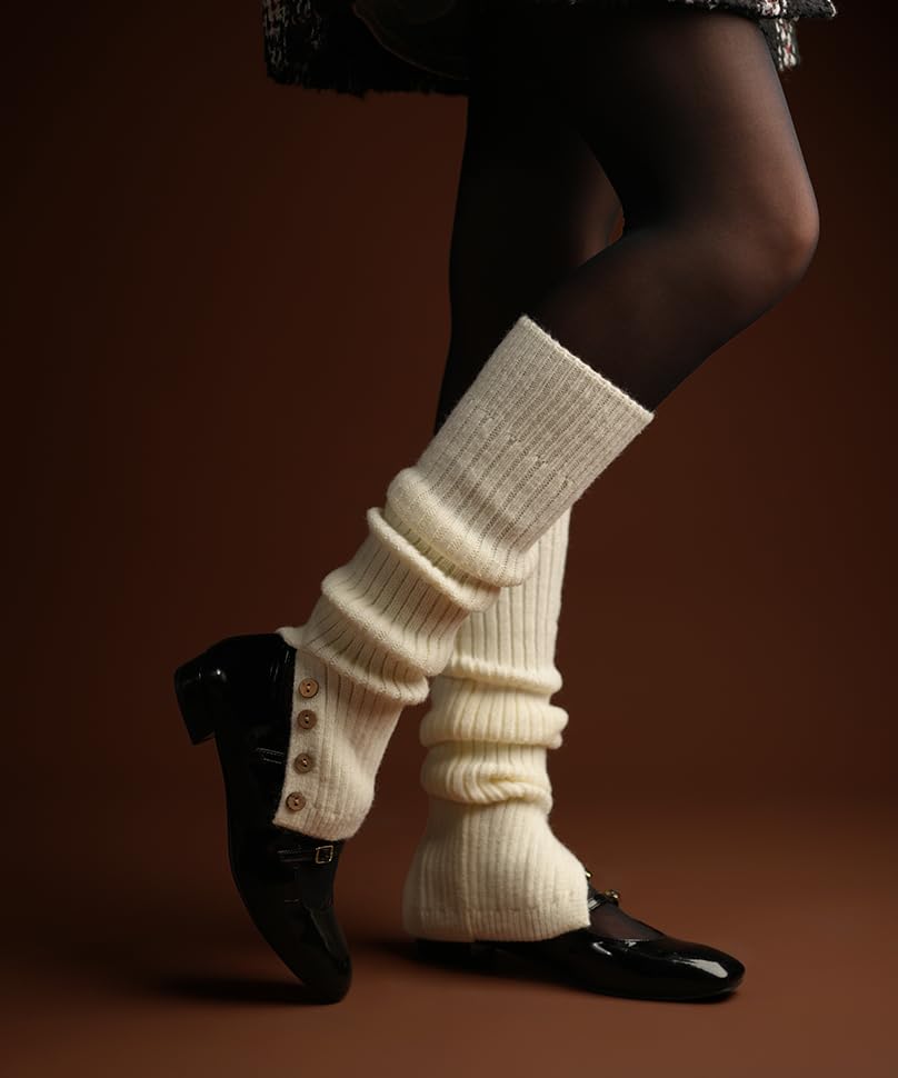 Image of Theater Women Ribbed Knit Leg Warmer - Cream | Soft Stretchable Acrylic Blend | Cozy Layer Over Boots & Tights | Free Size Winter Accessory