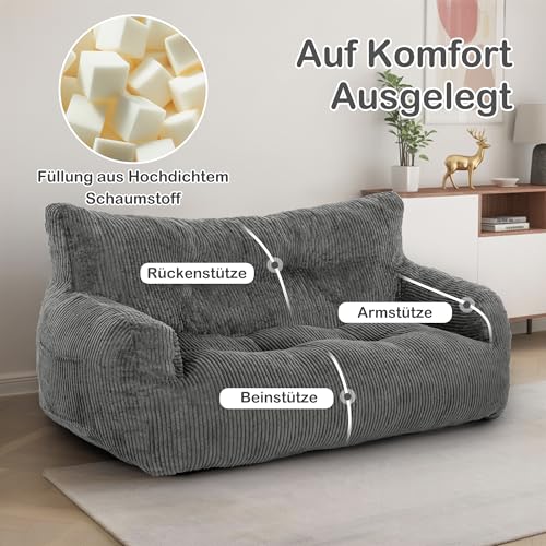 Pamapic Sitzsack, Sitzsack Erwachsene mit Füllung, Doppeltes Lounge Sessel mit Tragbarem Griff, Modernes Ergonomisches BeanBag, Indoor Sitzsäcke Stuhl für Wohnzimmer, Schlafzimmer, Spielzimmer, Grau