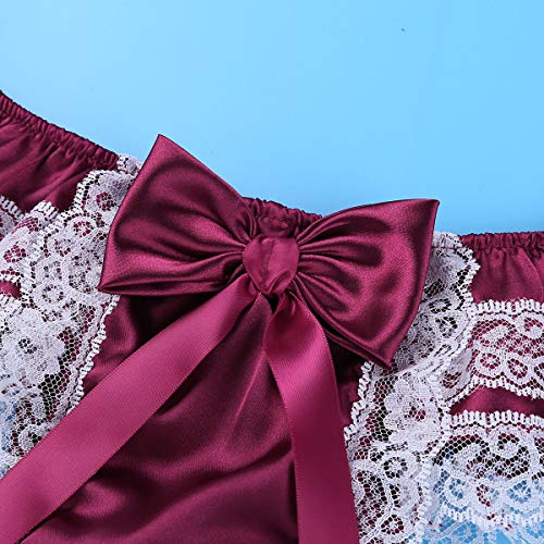 Dpois Mens Shiny Satin Frilly Ruffled Floral Lace Sissy Briefs Thongs Flutter Crossdress Girly Maid Panties Underwear Wine Red X-Large #TOP5
