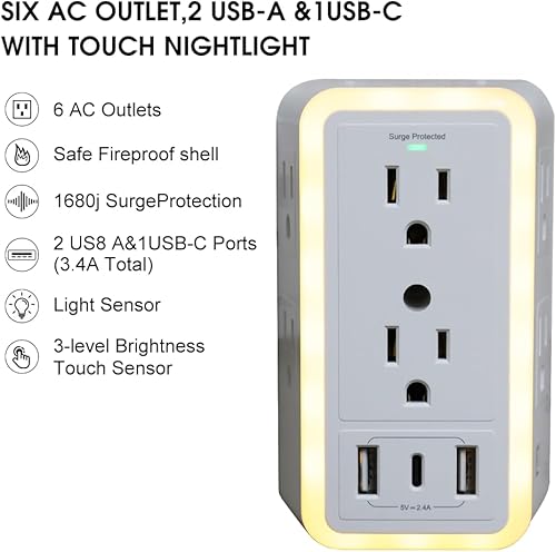 Miniatura 7 de Extensor múltiple de toma de pared con luz nocturna, 6 salidas protegidas contra sobretensiones, 3 puertos USB, regleta de alimentación de tres