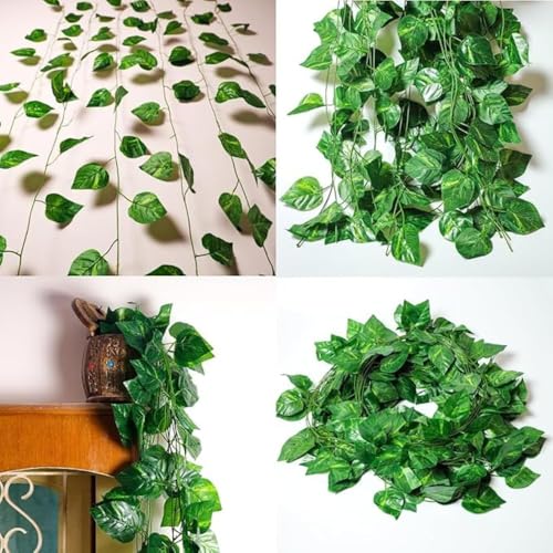 Image of Artificial Dark Green Leaf Vine Money Plant Hanging, Artificial Ivy Leaves, Artificial Creeper Leaf Vine, Artificial Ivy Foliage, Ivy Wall Decor,Roof Decor | Each Plant 6 Feet- 8 Pcs