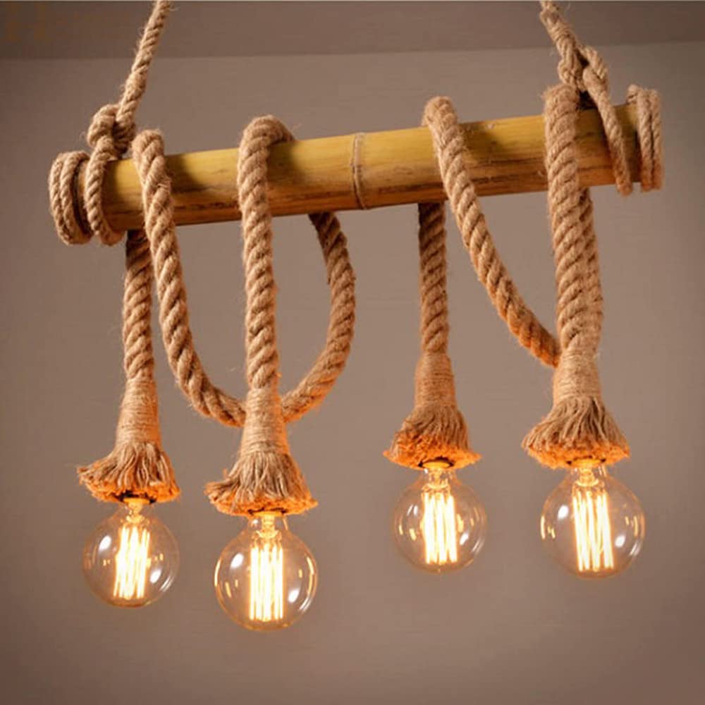 Lámpara suspendida minimalista interior con tira de bambú y cuerda de cáñamo E14 vintage 2