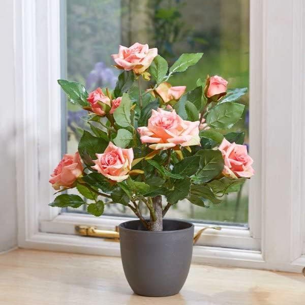 Garden Mile 40cm Artificial Rose Plant Pink Fake Flowers in Pot Realistic Potted Pink Roses Plant Faux Indoor Home Office Decoration Outdoor Rose Bush in Pot