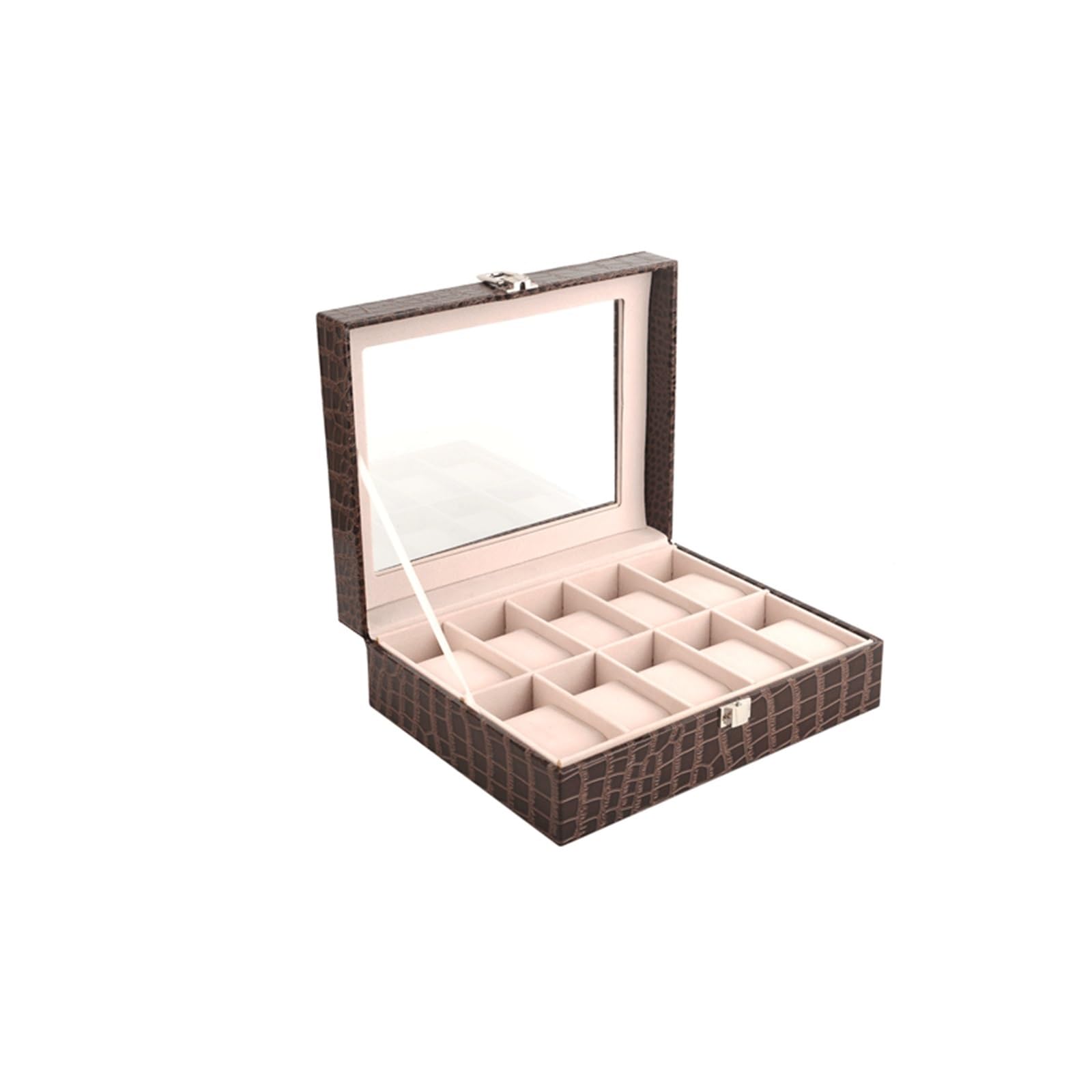 Boîte de montre en cuir PU avec 10 slots et couvercle transparent pour bijoux