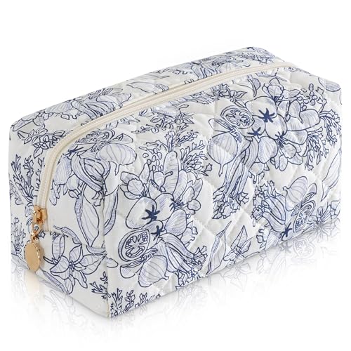 UUYUUY Makeup Bag Travel Toiletry Bag for Women, Small Cosmetic Bags Cute Quilted Cotton Makeup Pouch for Purse Emergency Bag Pencil Case Accessory Bag, Light Cyan