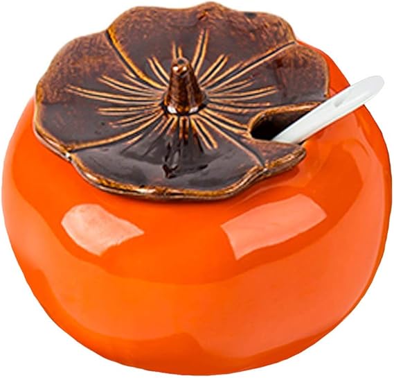 Ceramic Sugar Bowl Persimmon Shape Seasoning Pot Storage Jar with Lid Spoon