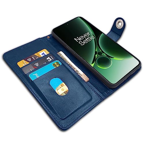 Image of Pikkme OnePlus Nord 3 5G Flip Cover Leather Finish | Inside TPU with Card Pockets | Wallet Stand and Shock Proof | Complete Protection Button Flip Case (Blue)