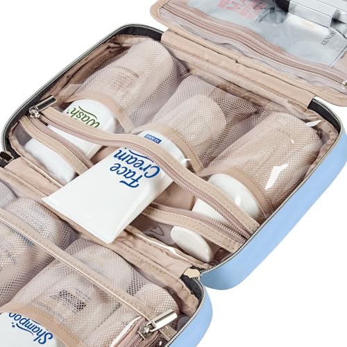 Image of NISHEL Travel Toiletry Bag for women, Portable Hanging Organizer for Travel-Sized Shampoo, Conditioner, Brushes Set, Makeup Accessories, Medium Size, Placid-Blue
