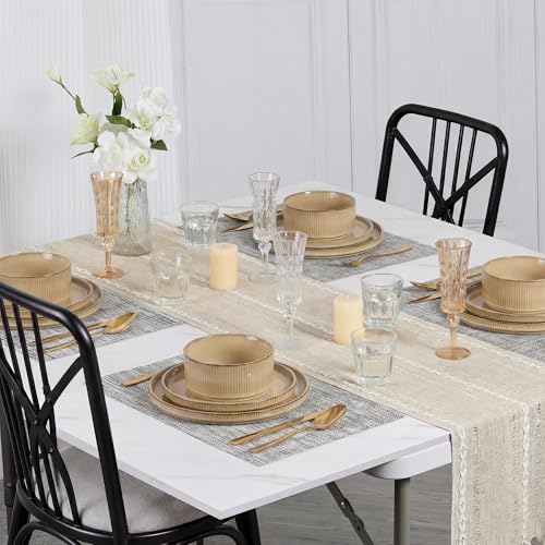 Image of E-far Stoneware Dinnerware Sets for 2, 6-Piece Plates and Bowls Sets, Chip & Scratch Resistant Ribbed Dish Set for Home Restaurant, Microwave & Dishwasher Safe, Caramel Khaki