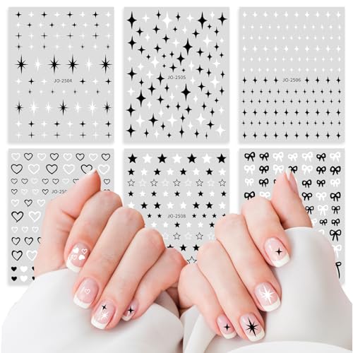 Abeillo 6 Sheets Nail Art Stickers, Star Heart Bows Nail Decals, Black White Nail Design Stickers, Self-Adhesive DIY Nail Charms for Women Girls Manicure Decoration