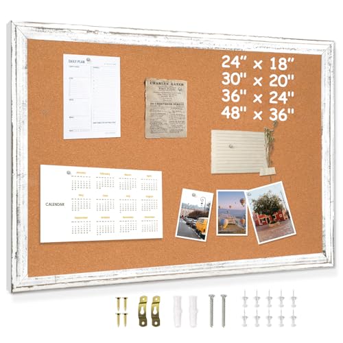 DOLLAR BOSS White Cork Board for Wall - 24 X 18 Inches, Rustic Wooden Frame Bulletin Board, Decorative Hanging Pin Board for Office & Home Decor