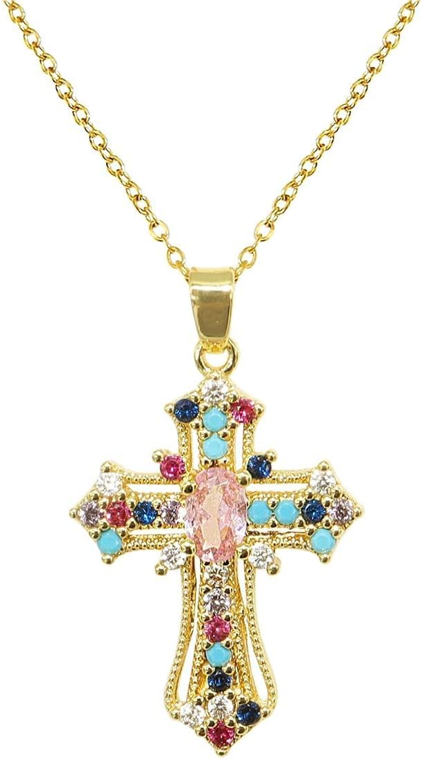 Jean Beau 14K Gold Plated Cubic Zirconia Cross Necklace for Women, Chunky Cross Faith Pendant Necklaces Costume Accessories Jewelry