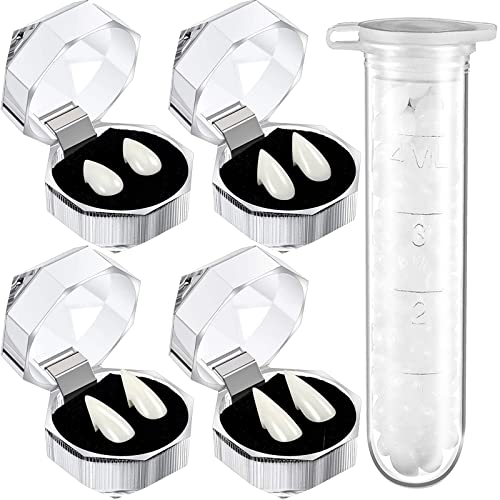 5 Peças vampiro Cosplay Fangs, 4 tamanhos Vampire Teeth vampiro vampiro vampiro com 1 tubo Teeth Pellets autocolante para Halloween Party Dress Up Accessories