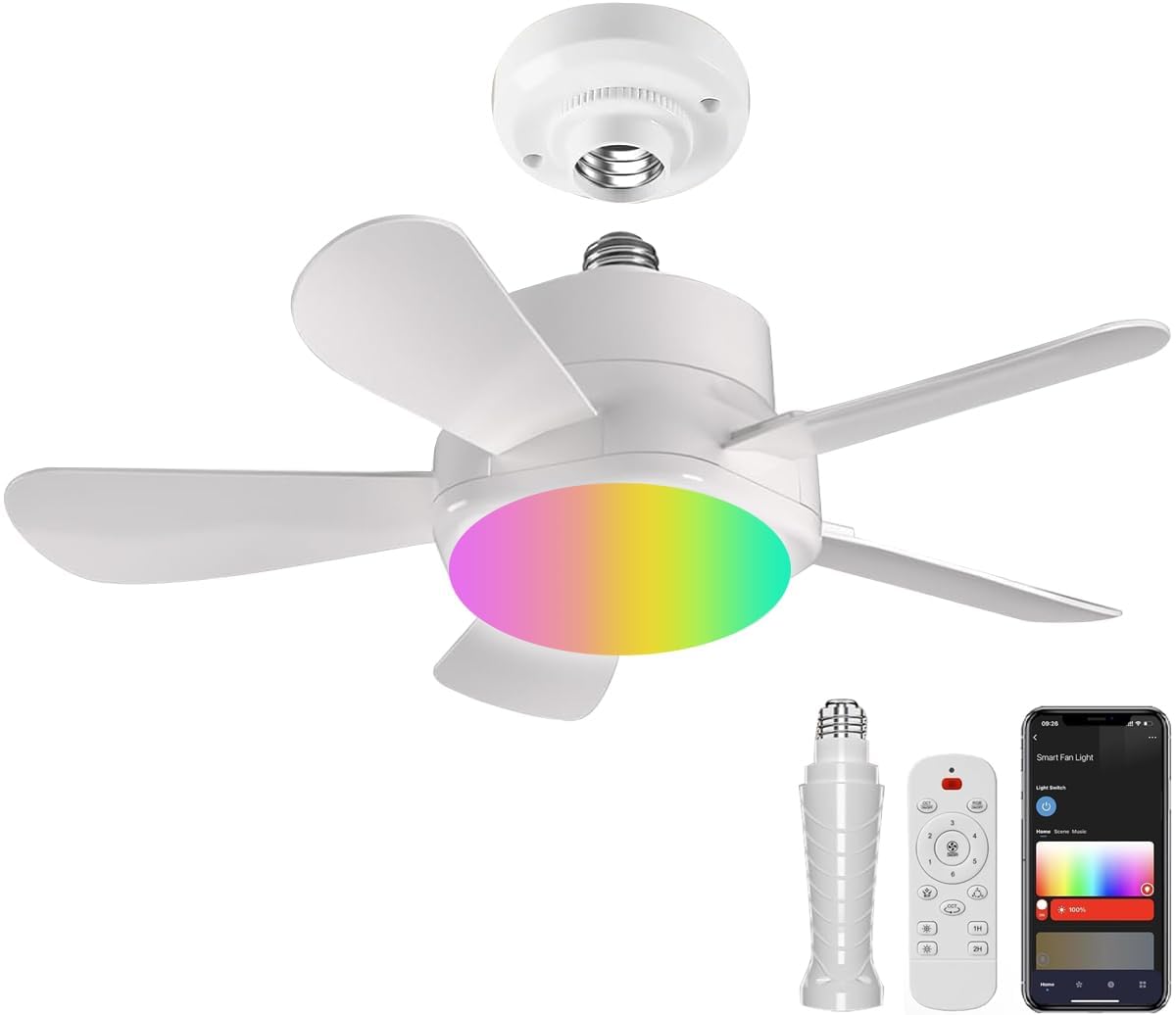 Photo 1 of Ligency Smart Socket Fan Light with Remote, 16 inch Small Socket Ceiling Fan Light with RGBW, E26 Screw in Ceiling Light Bulb Fan, 1800Lm, Work with Alexa & Google Assistant for Garage Bedroom, White