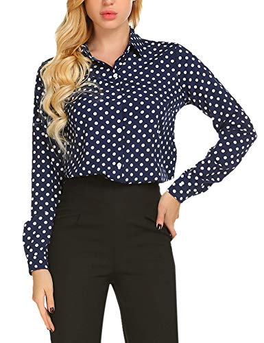 Zeagoo Women's Long Sleeve Casual Button Up Polka Dot Blouse Office Shirt Top, Blue, Medium