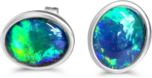 Masterpiece Australia| Opal Jewellery for women gifts| Multi Colour Green Blue Opal |Sterling Silver Stud Opal Earrings Bezel Set| 10x8mm Opal Triplets| October birthstone gift| Birthday gifts for her