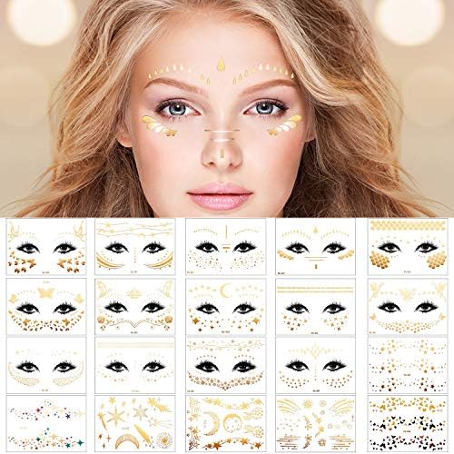 Zonon 20 Sheets Gold Glitter Freckles Face Tattoo Sparkle Face Makeup Patches Metallic Face Tattoo Sticker Temporary Transfer Tattoo Parties Decor for Halloween Christmas Women Makeup Dancer Costume