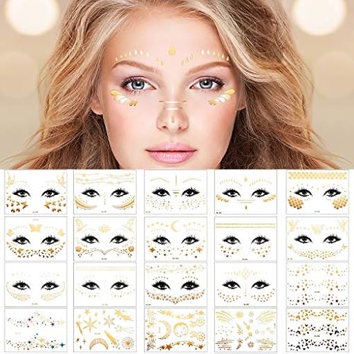 Zonon 20 pcs Gold Glitter Freckle Face Tattoo for Concert Festival Halloween | 20 sheets, gold glitter freckle tattoo ,Glitter gem effect ,easy transfer,party makeup,for concert, festival, daily makeup