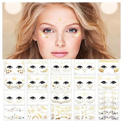 20 Sheets Face Metallic Temporary Tattoo Sticker, Face Gold Temporary Transfer Tattoo Freckle Sticker for Women Girls Halloween Makeup Dancer Costume Parties