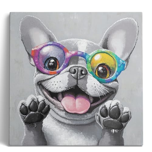 Ypxzzj Cute Dog with Glasses Canvas Wall Art,Funny Bulldog Decor Wall Art Pictures Painting Posters Artworks for Children's room Bedroom Living room Decor Framed Ready to Hang by Ypxzzj - Used condition - Image 2