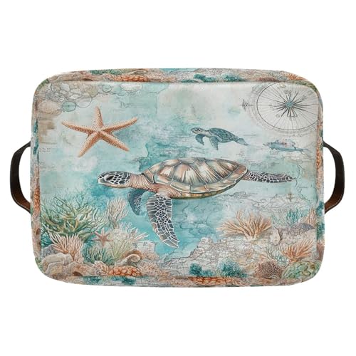 Sea Turtle Storage Basket Fabric Storage Bin Nautical theme Baskets Coastal Starfish Foldable Storage Boxes Organizer Bag for Baby Cloth Dog Toy Book Storage Cubes Shelf Closet Basket 16×12×8 Inches by Wamika - Image 8