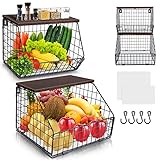 Mefirt Fruit Basket, Enlarged 2-Tier Kitchen Organization Wire Basket with Wood Lid, Stackable Wall-