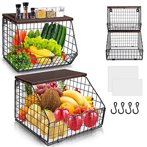 Mefirt Fruit Basket, Enlarged 2-Tier Kitchen Organization Wire Basket With Wood Lid, Stackable Wall-Mounted & Countertop Tiered Storage Baskets For Potato Storage, Onion Storage, Snack Onganizer Etc #TOP1