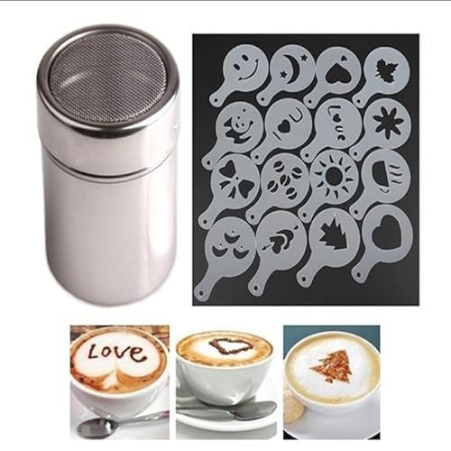 Cacao con Espolvoreador, Espolvoreador de Acero Inoxidable, con 16 Plantilla, con Malla Tapa, para bricolaje, capuchino, café, cocina, hornear y cocinar