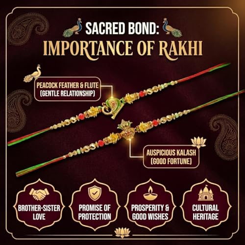 Image of CraftVatika Kundan Rakhi Set for Brother Set of 2, Designer Peacock Rakhi for Brother Boy Men, Premium Kalash Raki for Bhaiya, Traditional Rakshabandhan Rakhis with Best Wishes Card and Tillak Set