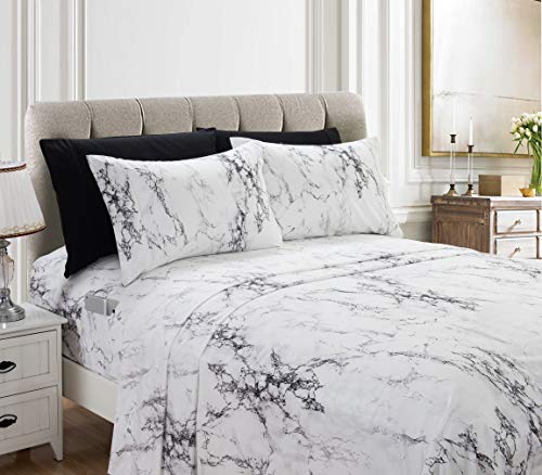 Elegant Comfort Luxury Soft Bed Sheets Marble Pattern - 1500 Premium Hotel Quality Microfiber Softness Wrinkle and Fade Resistant (6-Piece) Bedding Set, Full, White