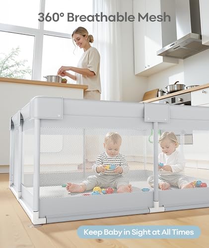 Image of Fodoss Baby Playpen for Babies and Toddlers, 50x50in Small Play Pen, Grey | Breathable Mesh Play Yard for Indoor & Outdoor, Sturdy Safety Play Area with Pull-Up Rings