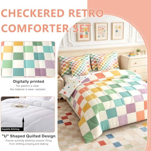 Image of Feelyou Multicolored Checkered Retro 7 Piece Bedding Set Kids Boys Geometric Vintage Comforter Set with Sheets Queen Size Green Yellow Colorful Bed in a Bag Modern Simple Groovy Aesthetic Room Decor