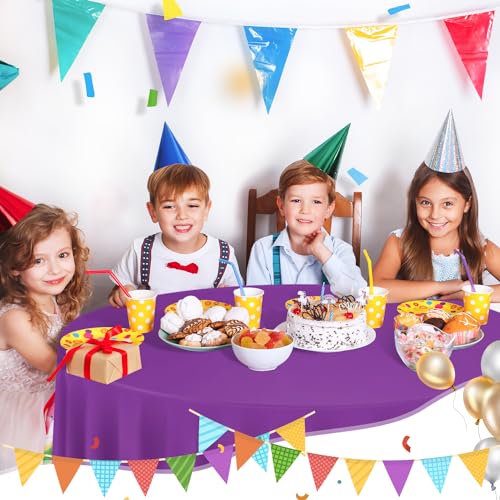 Image of Purple 6 Pack Plastic Table Cloth 84 inch, Disposable Round Tablecloth Table Cover, Plastic Tablecloths for Parties