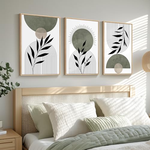 Framed Boho Sage Green Wall Art for Bedroom, 3 Piece Large Abstract Botanical Canvas Artwork Decor, Beige White Sun Moon Geometric Leaf Painting Prints for Living Room Dining Room Office 16x24 Inch