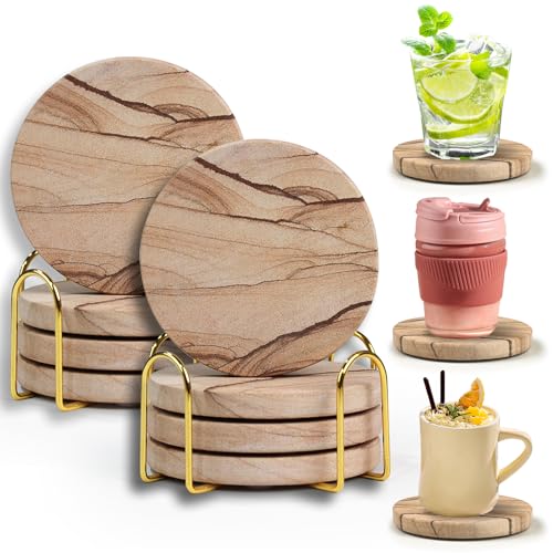 Natural Sandstone Coasters Set of 8 with Holder, 4 in