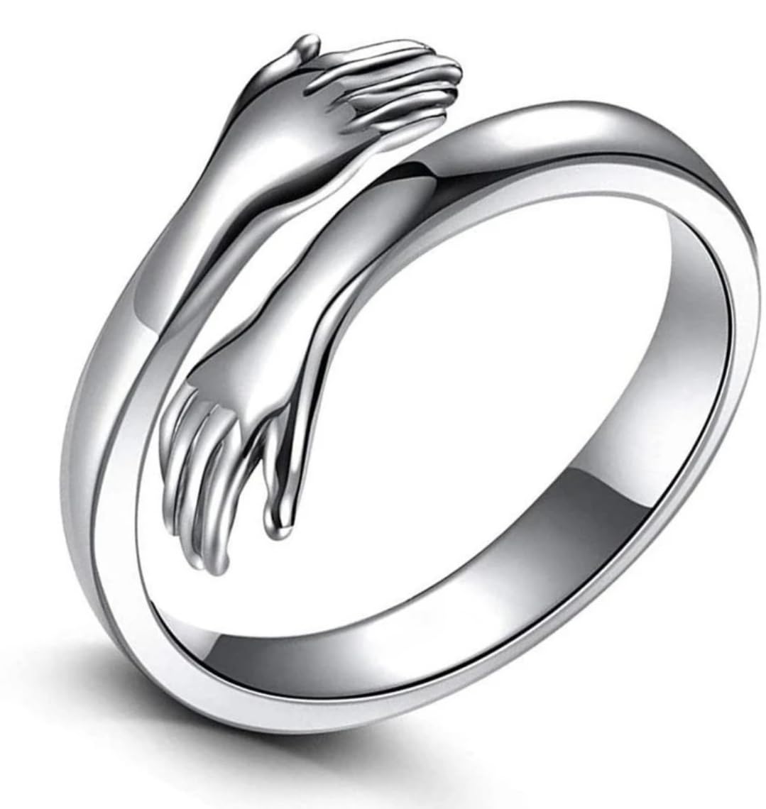 al minza Silver Hug Ring, Adjustable Open Band with Embrace Hands-picture-40