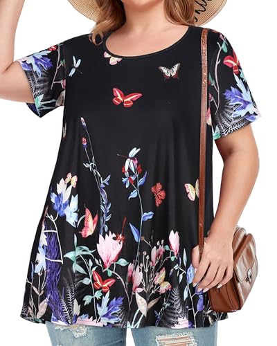 Image of JOELLYUS Plus Size Tops for Women Tunic Floral Casual Short Sleeves T Shirts Flowy Blouses 2026