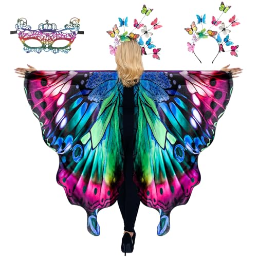 Butterfly Wing Cape with Multicolor Headband Mask Set