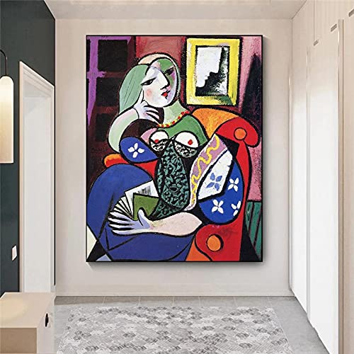Frau mit Buch von Picasso Leinwand Gemälde Wandkunst Poster und Drucke Berühmte Kunst Leinwand Bilder für Wohnzimmer Dekor 70x100cm Rahmenlos Cover