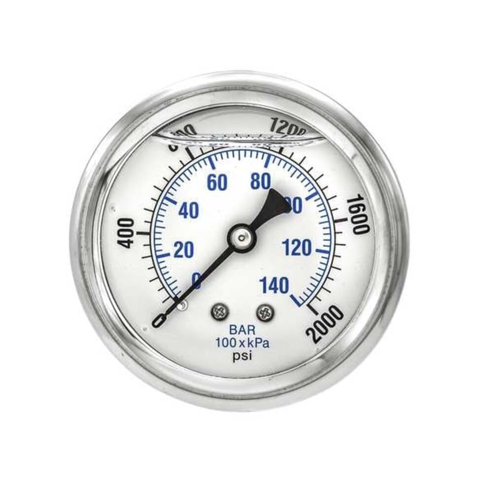 PIC Gauge PRO-202L-254O Medidor de presión de montaje en centro industrial con carcasa de acero inoxidable, interior de latón, lente de plástico, tamaño de la esfera de 2-1/2" macho NPT, 0/2000 psi