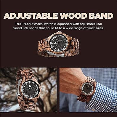 Treehut Wooden Watches for Men, Japanese Quartz Movement, Stylish Exotic Wrist Watch with Adjustable Stainless Steel Buckle, Wooden Straps, Watch Made from Ebony and Zebrawood, Relojes Para Hombre (Black Zebrawood 2)