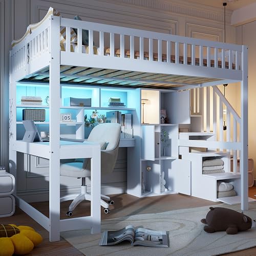 Moimhear Cama alta 140 x 200 cm con luces LED escalera estanterías estantes escritorio madera