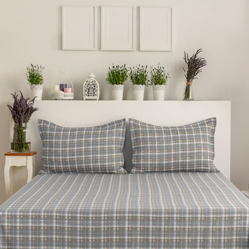 Image of Cortina Cloud Cotton King Size Bedsheet with 2 Pillow Covers | Super Soft, Breathable & Skin-Friendly Bedsheet for Double Bed King Size with Grey Checks Design | (270x250 cm)
