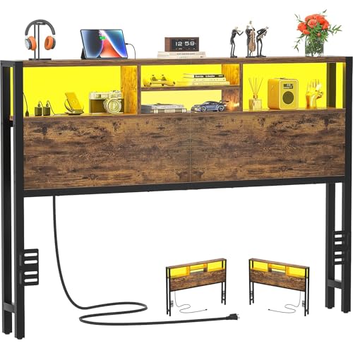 iSunirm Tête de lit avec étagères de Rangement 155 cm, Prises électriques, Ports USB et Pip-C, éclairage LED, Hauteur réglable, réversible, Robuste et Stable, Brun