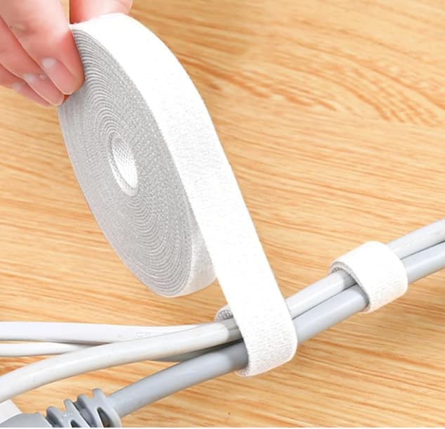 Reusable Cable Tie Roll with Hook & Loop – Adjustable Cord Organizer Tape for Wires, Desk Setup, Home & Office Cable Management (White)