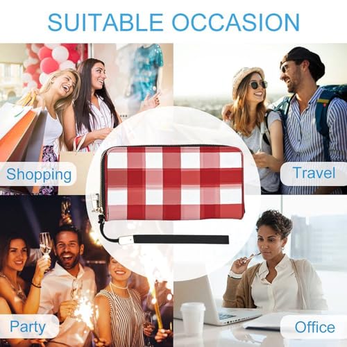 Red Checkered White Squares Wristlet Long Wallet Womens Purse Zip Clutch Large Capacity Leather Purse Credit Coin Purse 5