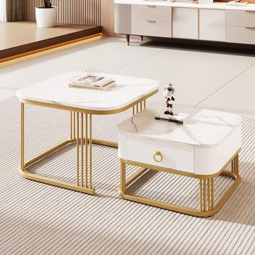 ModernLuxe 2-in-1 MDF Coffee Tables for Living Room, Square Coffee Table with High Gloss Marble Exterior, Gold Accents, Side Table with Drawer, Modern Nest of Tables for Saving Space, White - Image 6