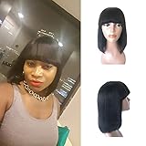 Enoya Human Hair Bob Wigs with Bangs Brazilian Yaki Machine Made Glueless Short Wigs (12' Natural Color)