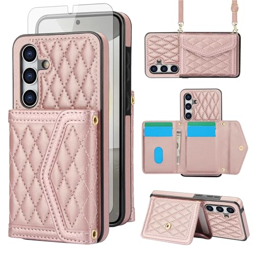 Coque Samsung S24 5G Asuwish - Étui portefeuille cuir avec protège-écran verre et bandoulière